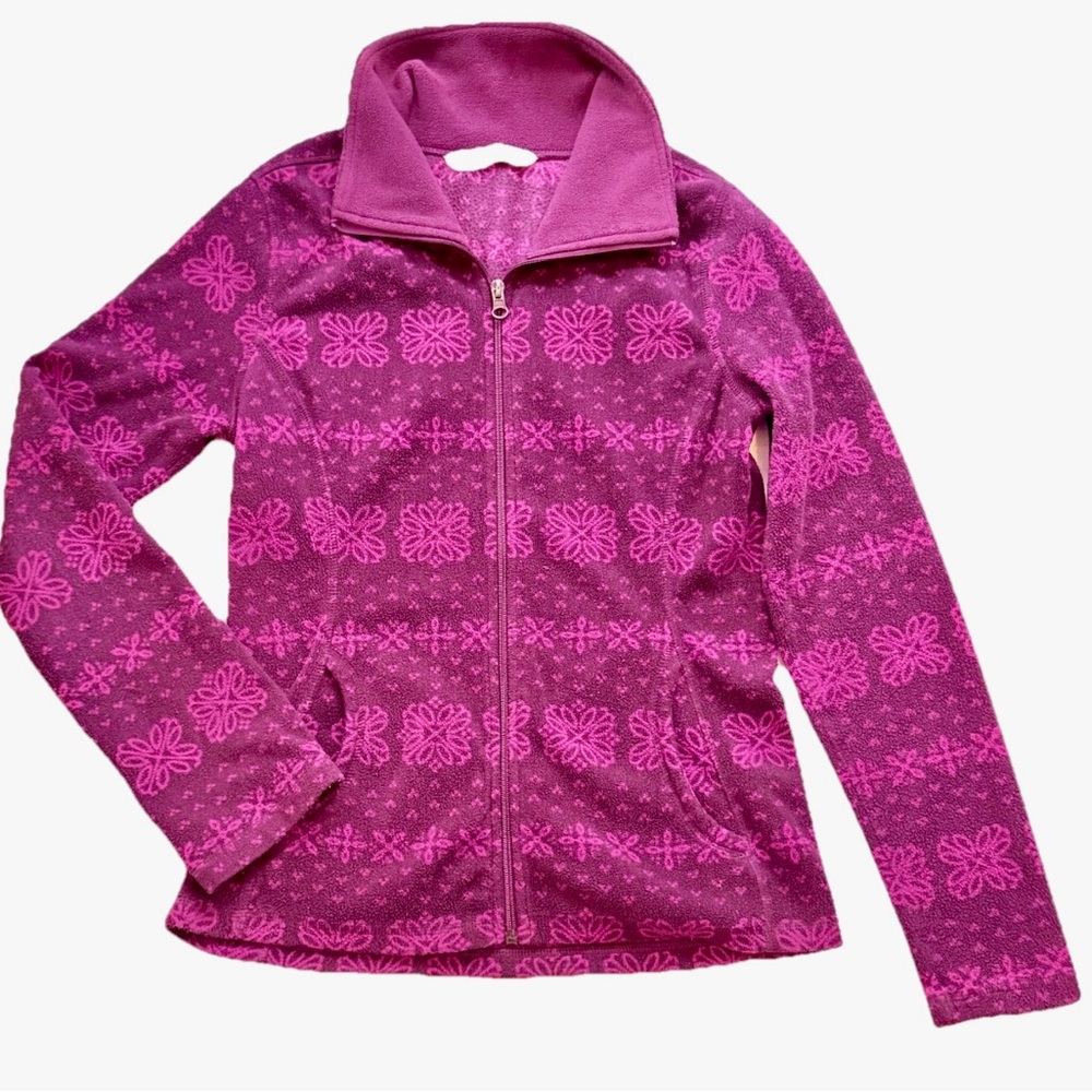 Old Navy Women's S Burgundy Flower Print Full Zip Fleece Jacket Soft Cozy Winter